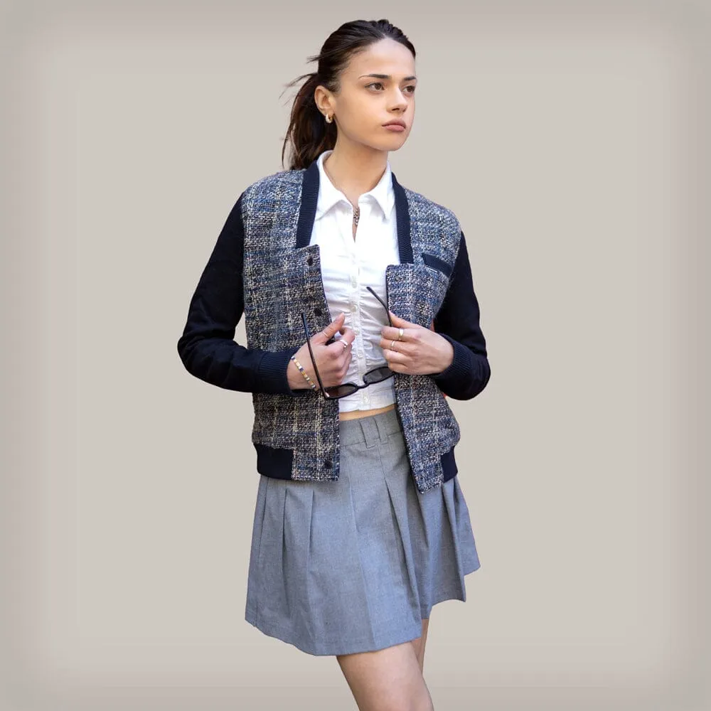 Women's Updated Tweed Varsity Jacket with Contrast Sleeve