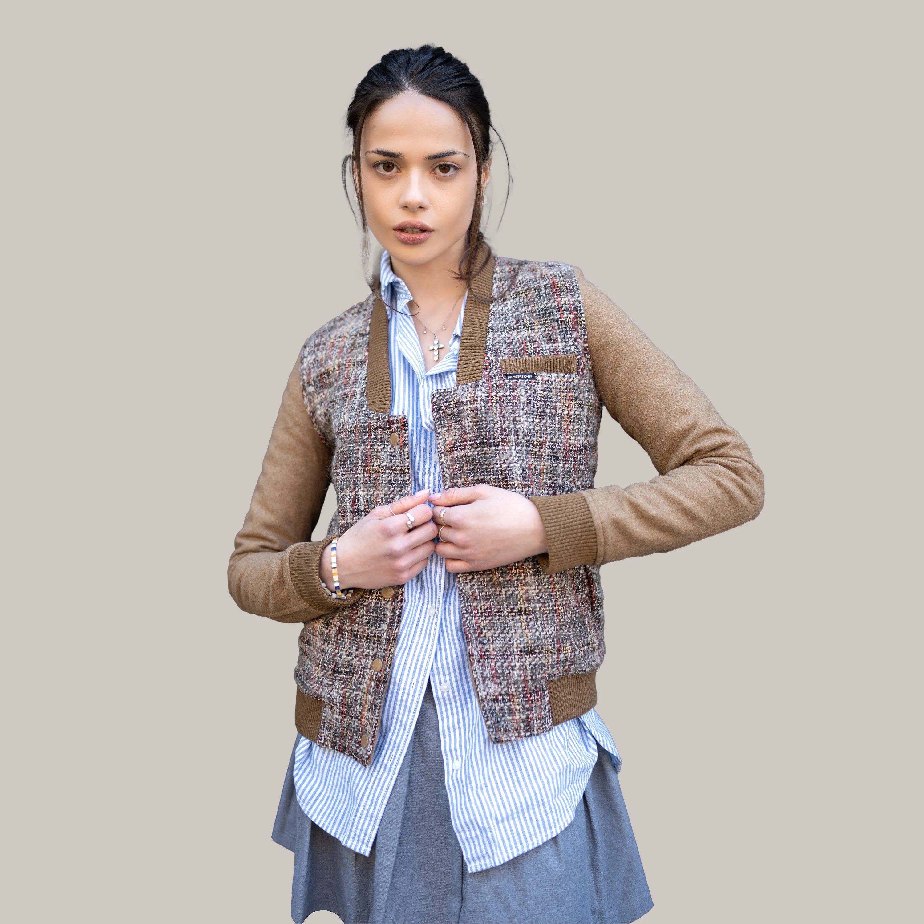 Women's Updated Tweed Varsity Jacket with Contrast Sleeve