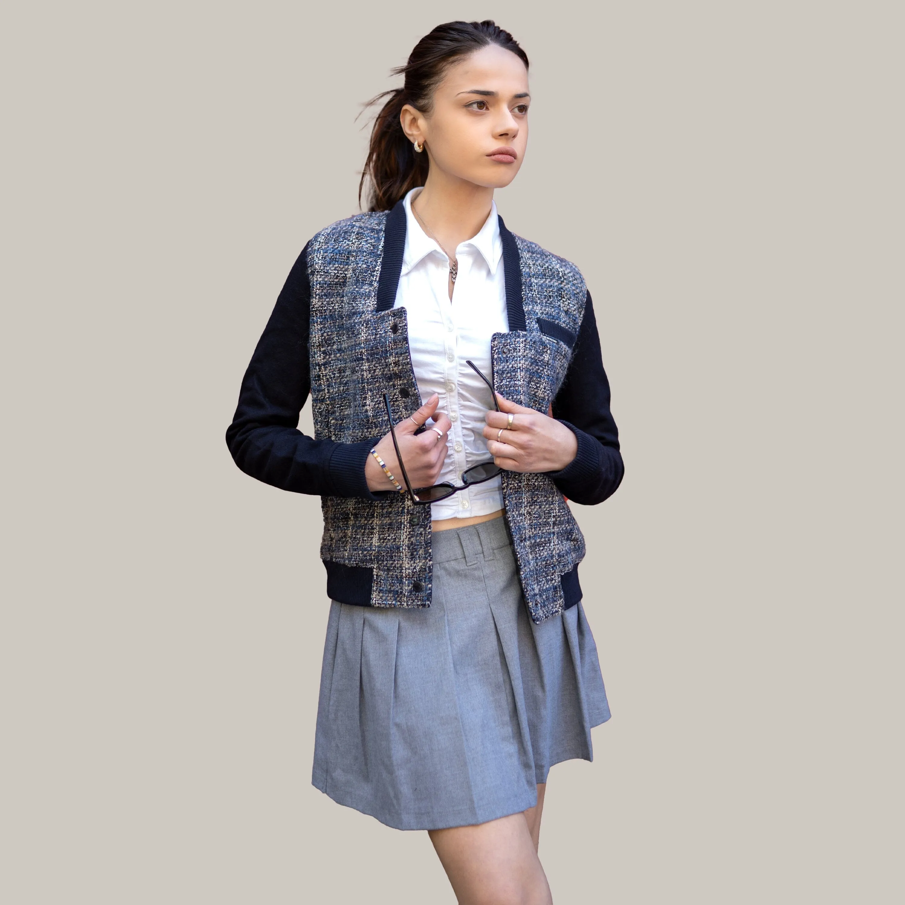 Women's Updated Tweed Varsity Jacket with Contrast Sleeve