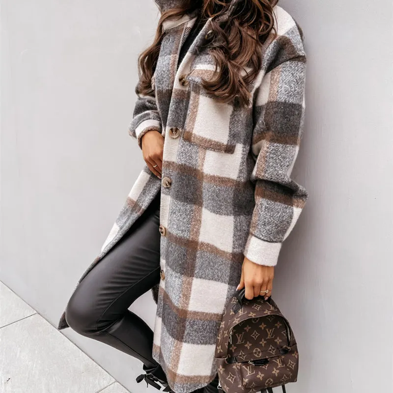 Women's Winter Mid Length Long Sleeved Plaid Printed Warm Coat