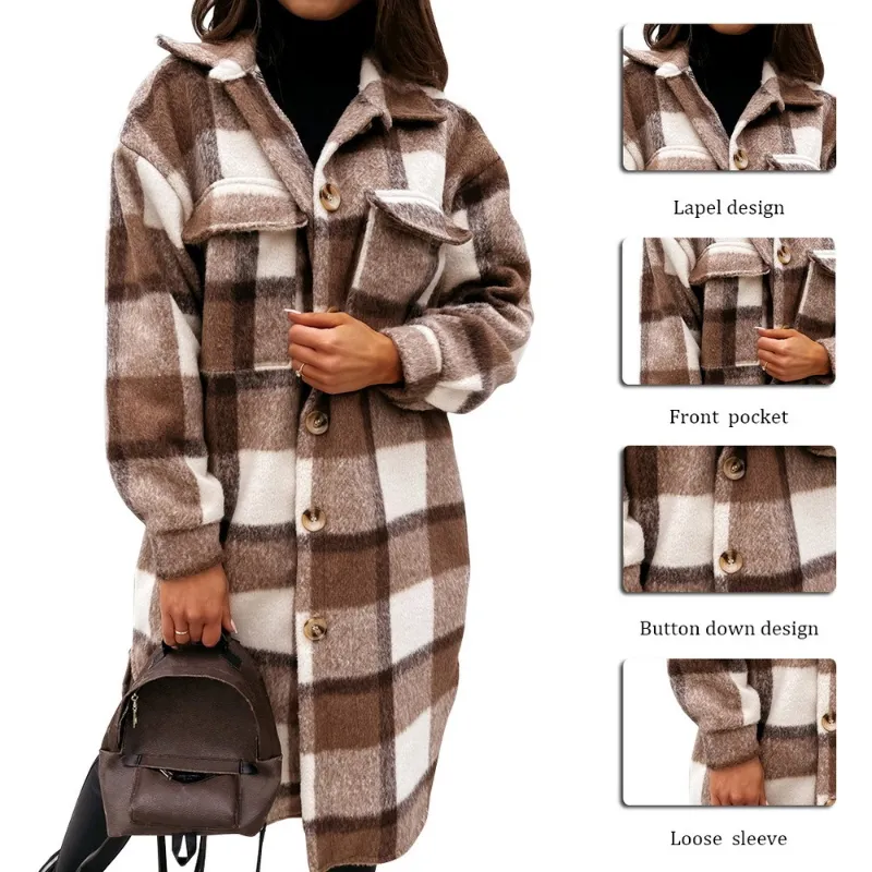 Women's Winter Mid Length Long Sleeved Plaid Printed Warm Coat