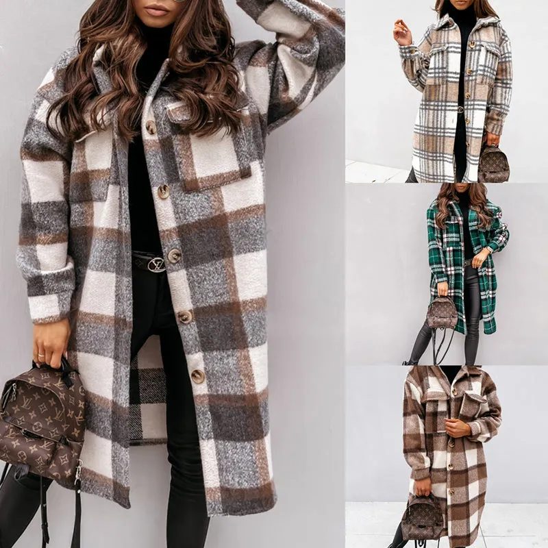 Women's Winter Mid Length Long Sleeved Plaid Printed Warm Coat