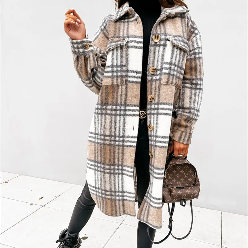 Women's Winter Mid Length Long Sleeved Plaid Printed Warm Coat