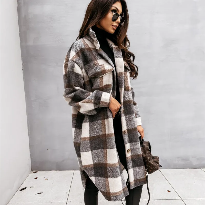 Women's Winter Mid Length Long Sleeved Plaid Printed Warm Coat