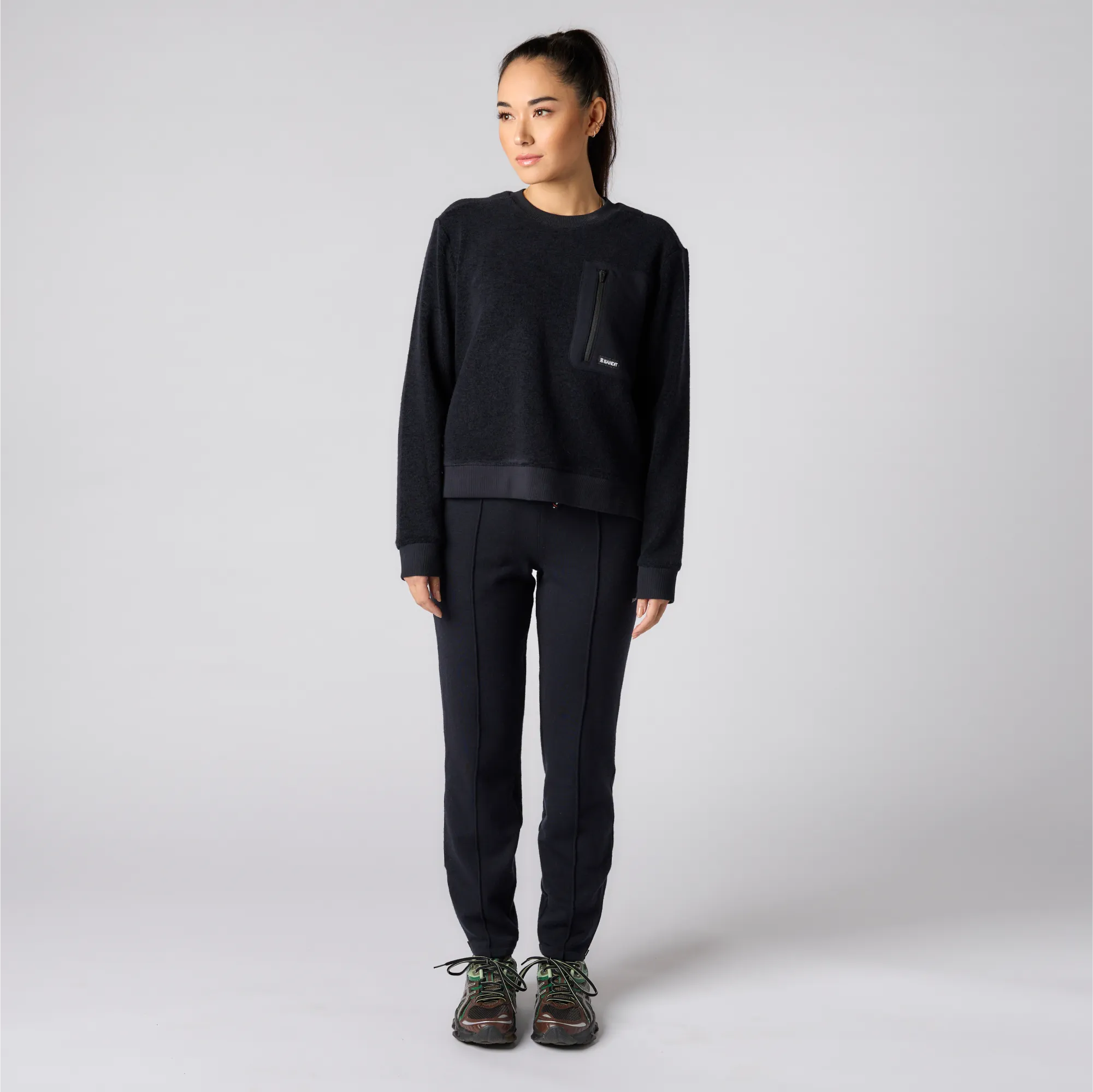 Wool Terry Crewneck Block Pullover - Women's, Black