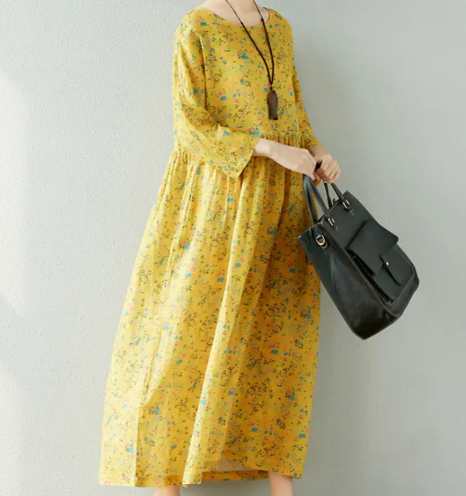 Yellow Floral  Linen loose Summer Women Dress SJ9201229