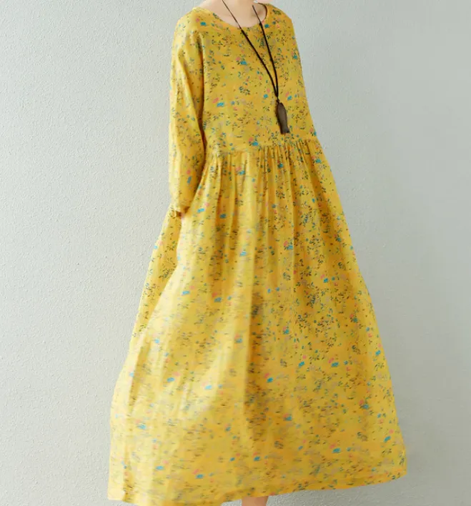 Yellow Floral  Linen loose Summer Women Dress SJ9201229