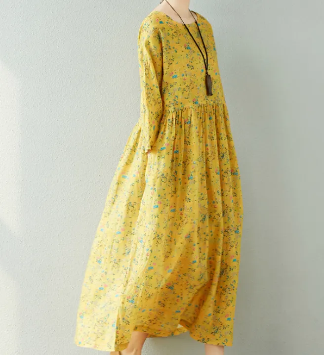 Yellow Floral  Linen loose Summer Women Dress SJ9201229