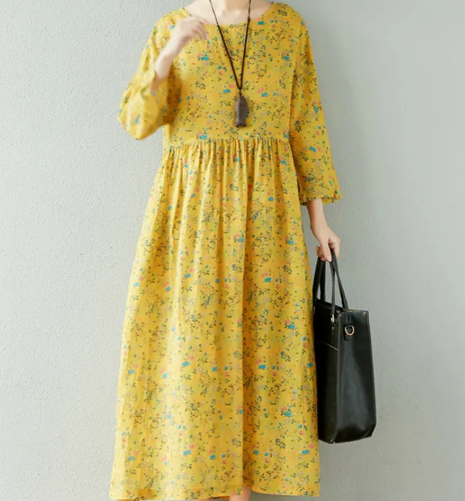 Yellow Floral  Linen loose Summer Women Dress SJ9201229