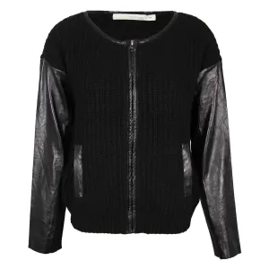 Zipper Front Sweater with Leather Sleeves